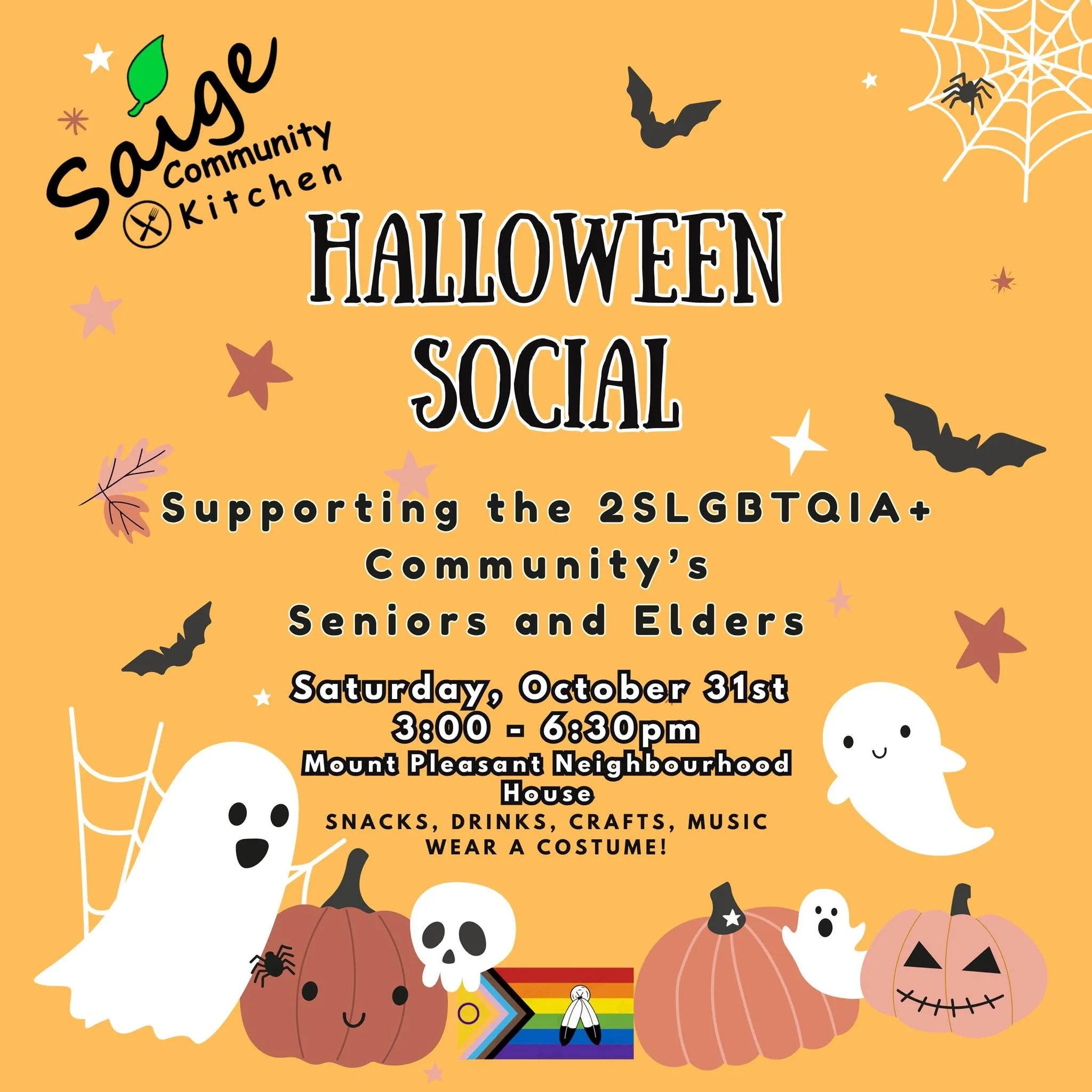 Saige Community Kitchen Halloween Social flyer for 2SLGBTQIA+ seniors and elders, decorated with cute ghosts, pumpkins, bats, and a Progress Pride flag with two-spirit feathers.